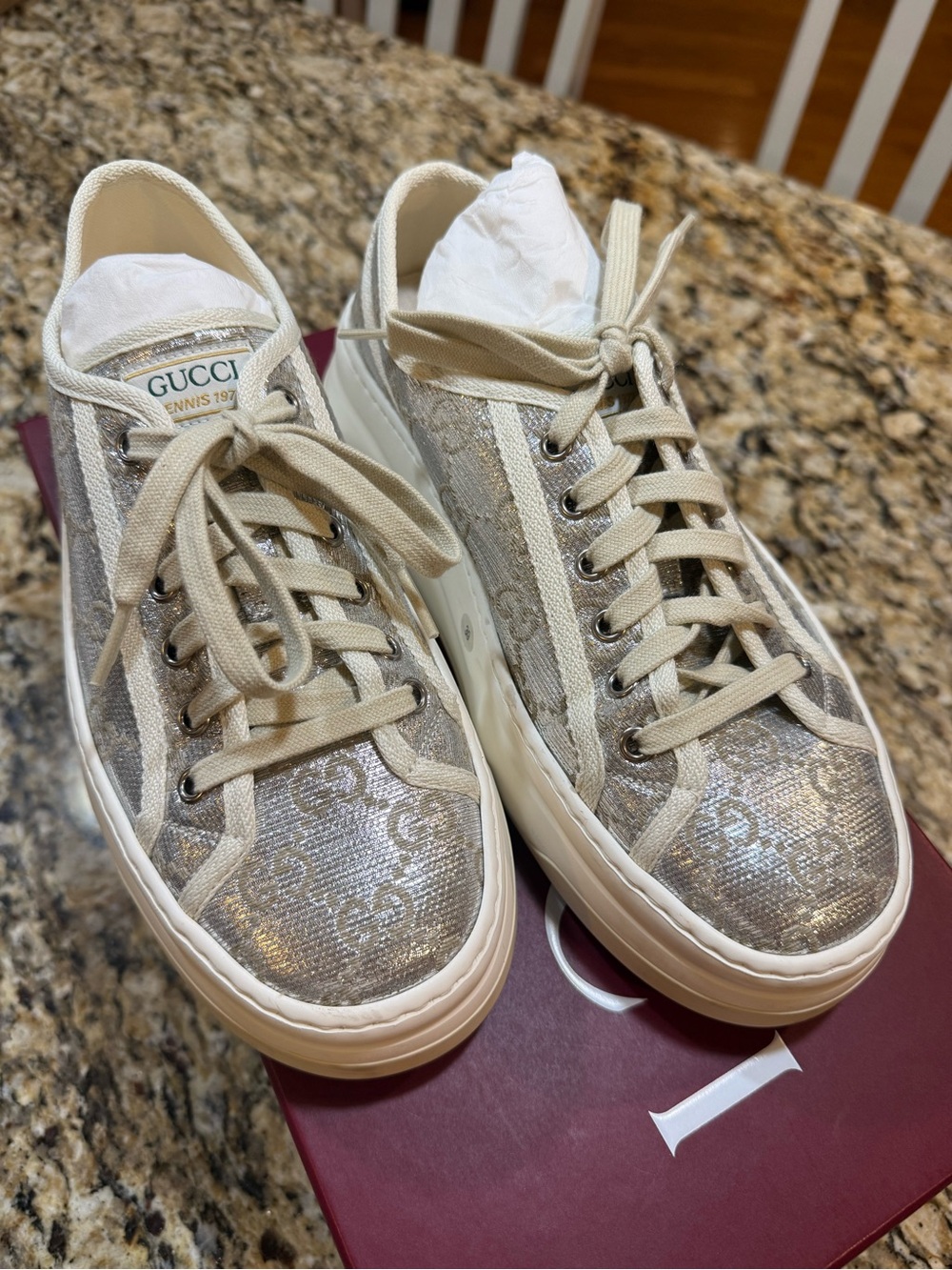 Gucci Women's Shimmer GG Canvas Tennis Sneakers in Metallic Silver/Beige